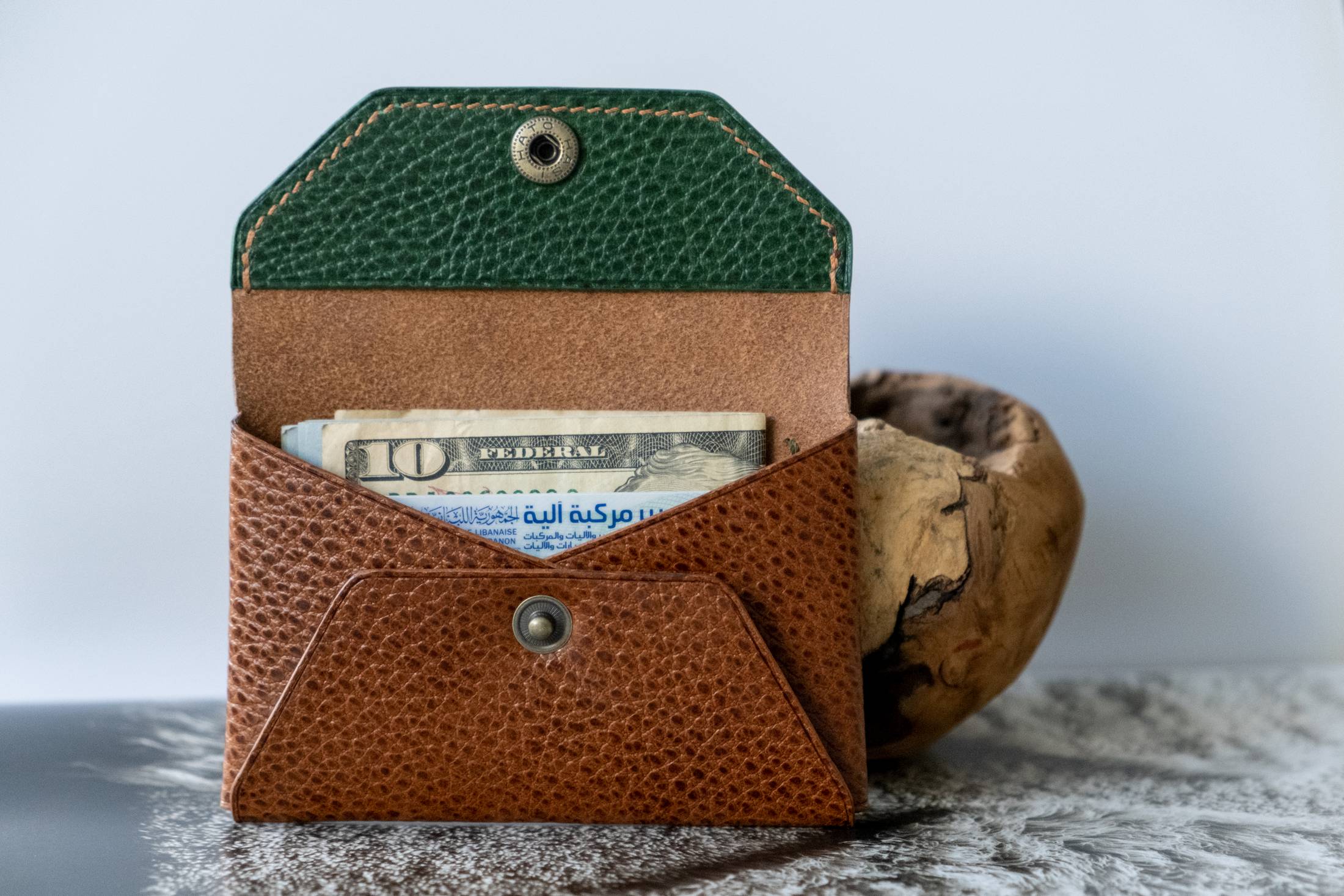 Cresslin Envelope Cash and Card Wallet in Brown and Green