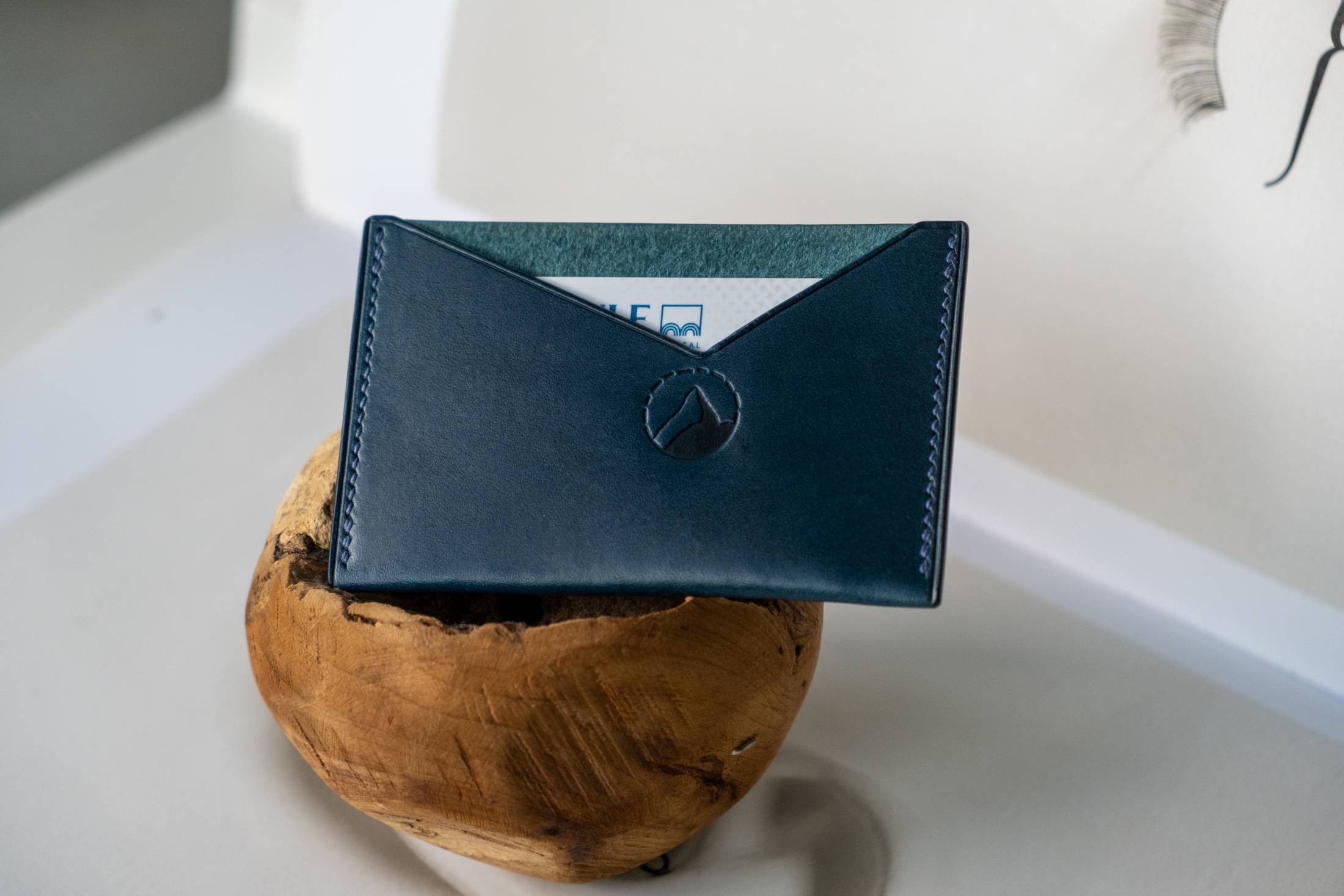 Minimalist card holder in navy blue leather