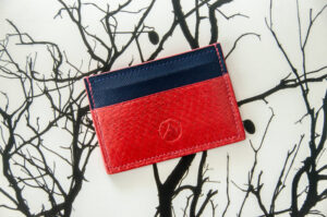Card Holder in Red Salmon and Navy Blue Leather