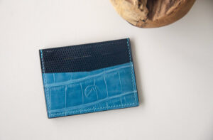 Card Holder in Blue Alligator and Black Leather