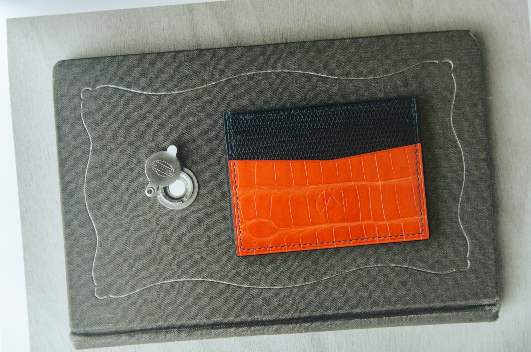 Card Holder in Orange Alligator and Black Leather